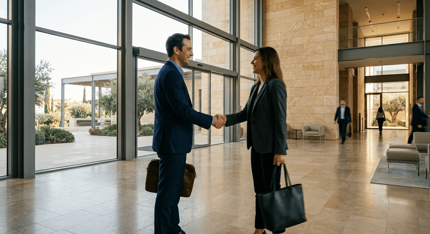 Two business people shaking hands in a modern office lobby