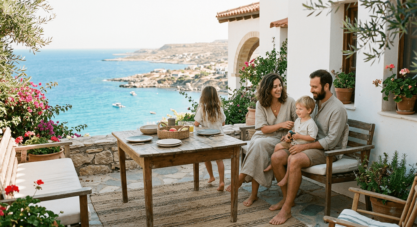 Family relaxing on a terrace of a Mediterranean home