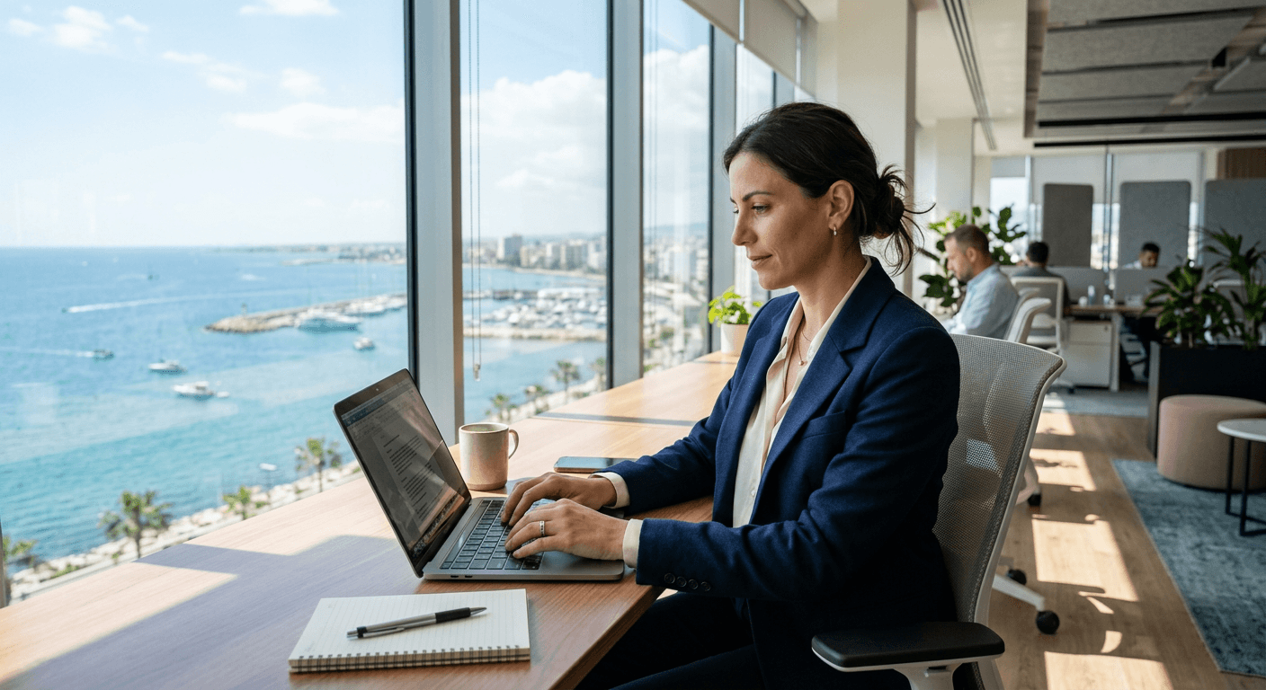 Professional working on a laptop in a bright office with sea views