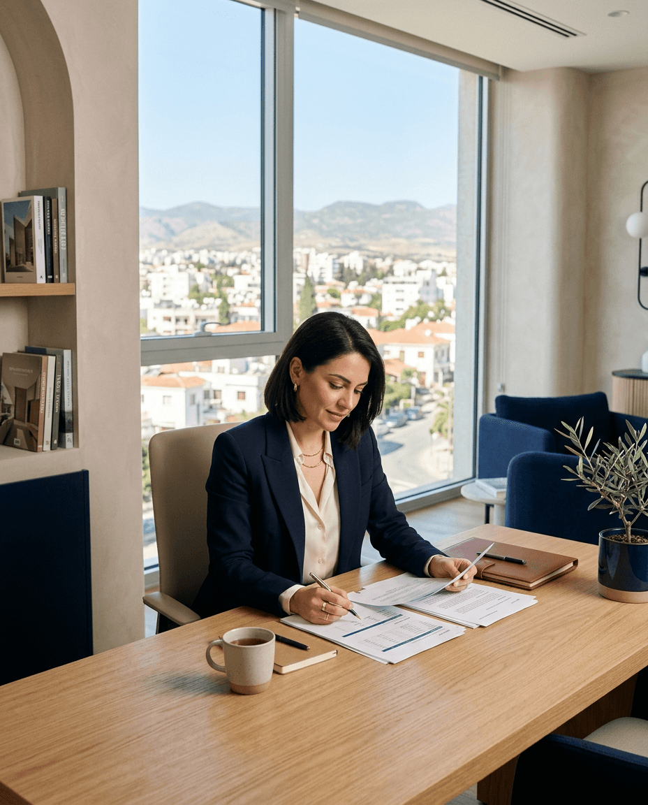 A professional reviewing employment documents in a bright office in Nicosia, Cyprus