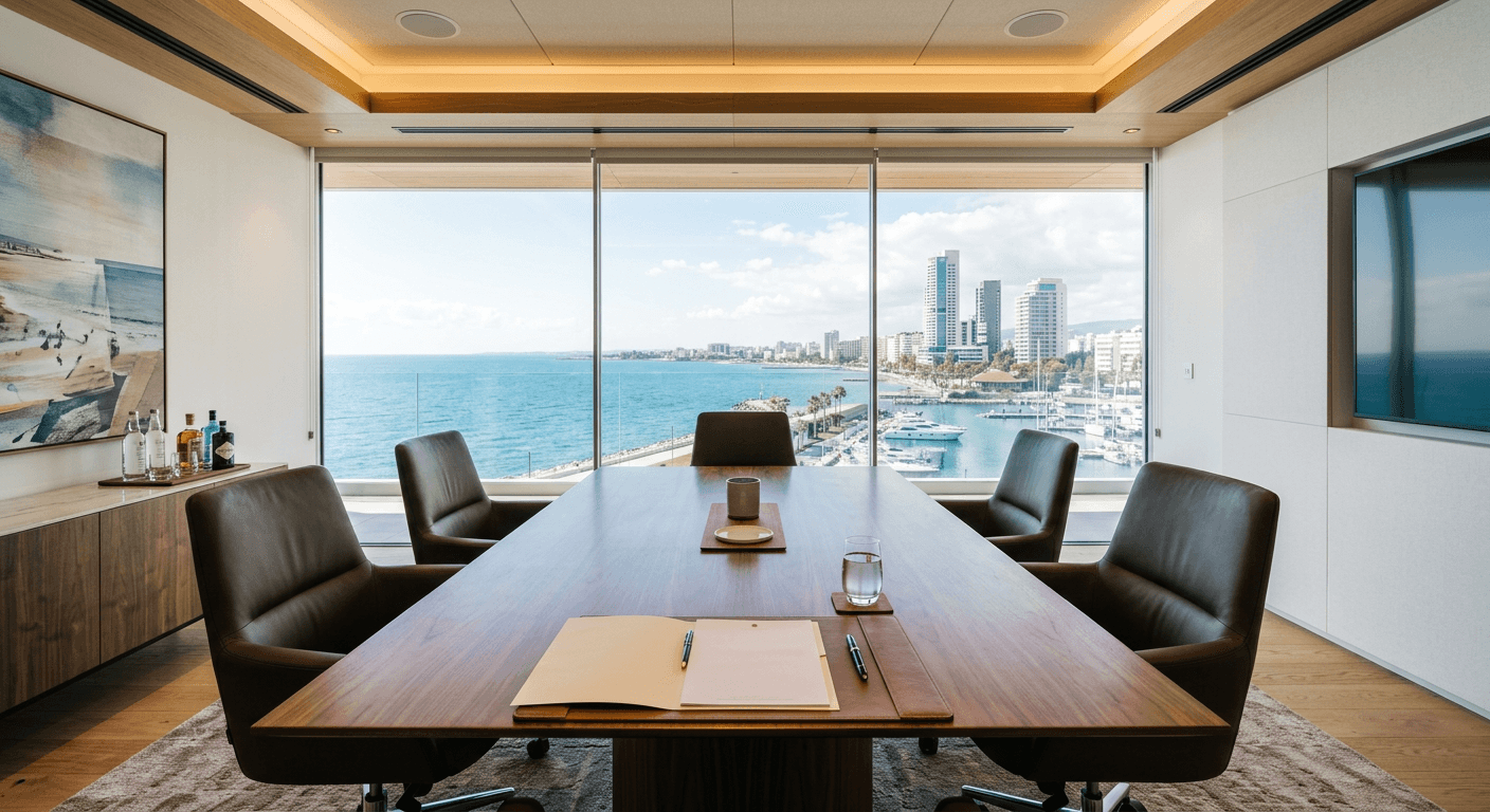 Meeting room with a walnut table overlooking the Mediterranean
