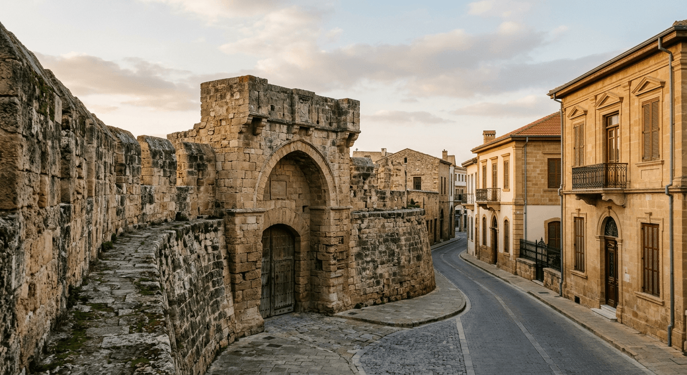 Historic Venetian walls and stone gate in old Nicosia