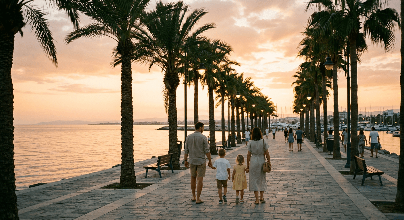 Family walking along a palm-lined seaside promenade at sunset