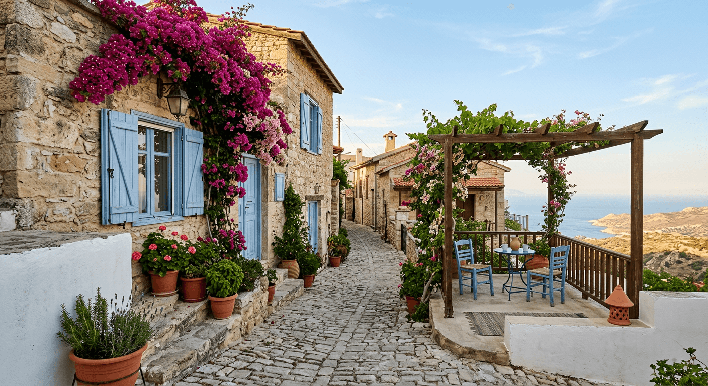 Traditional Cypriot village street with bougainvillea and a sea view