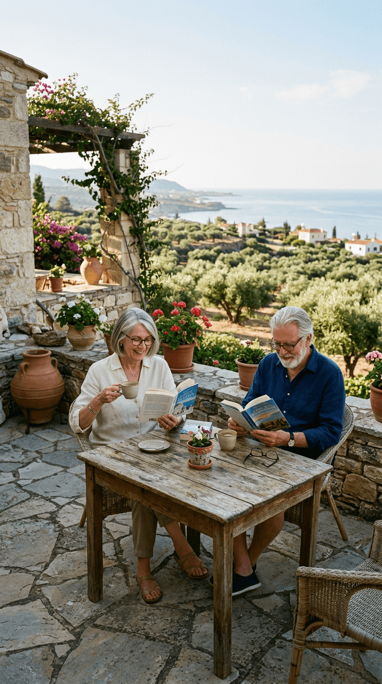 A retired couple reading on the stone terrace of a hillside home in Cyprus