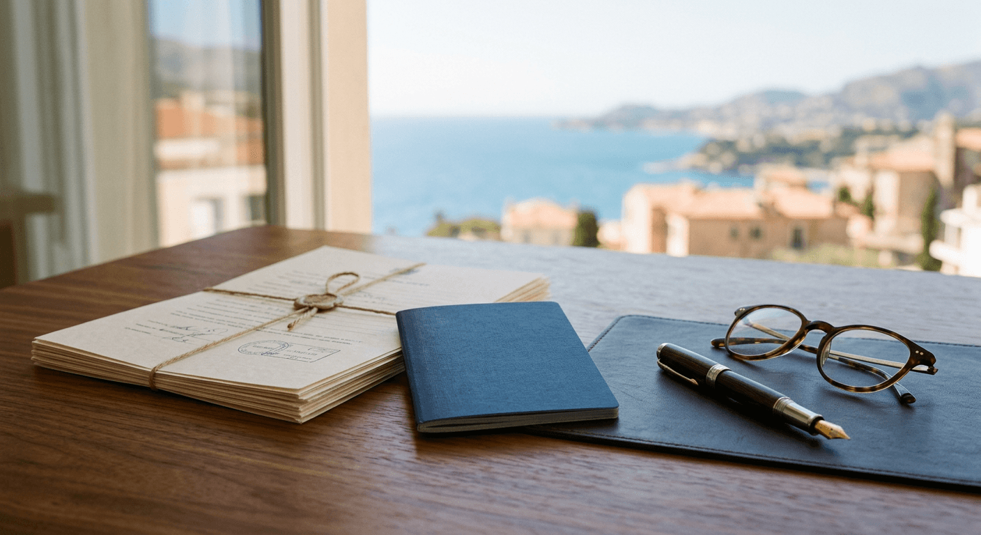 Official documents, a passport and a fountain pen on a walnut desk