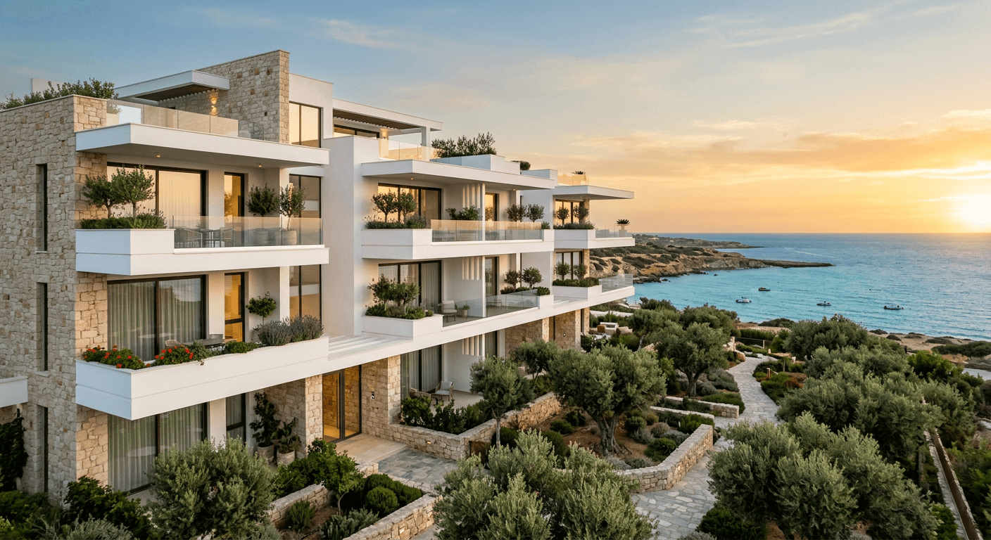 Modern residential building with white balconies near the sea in Paphos