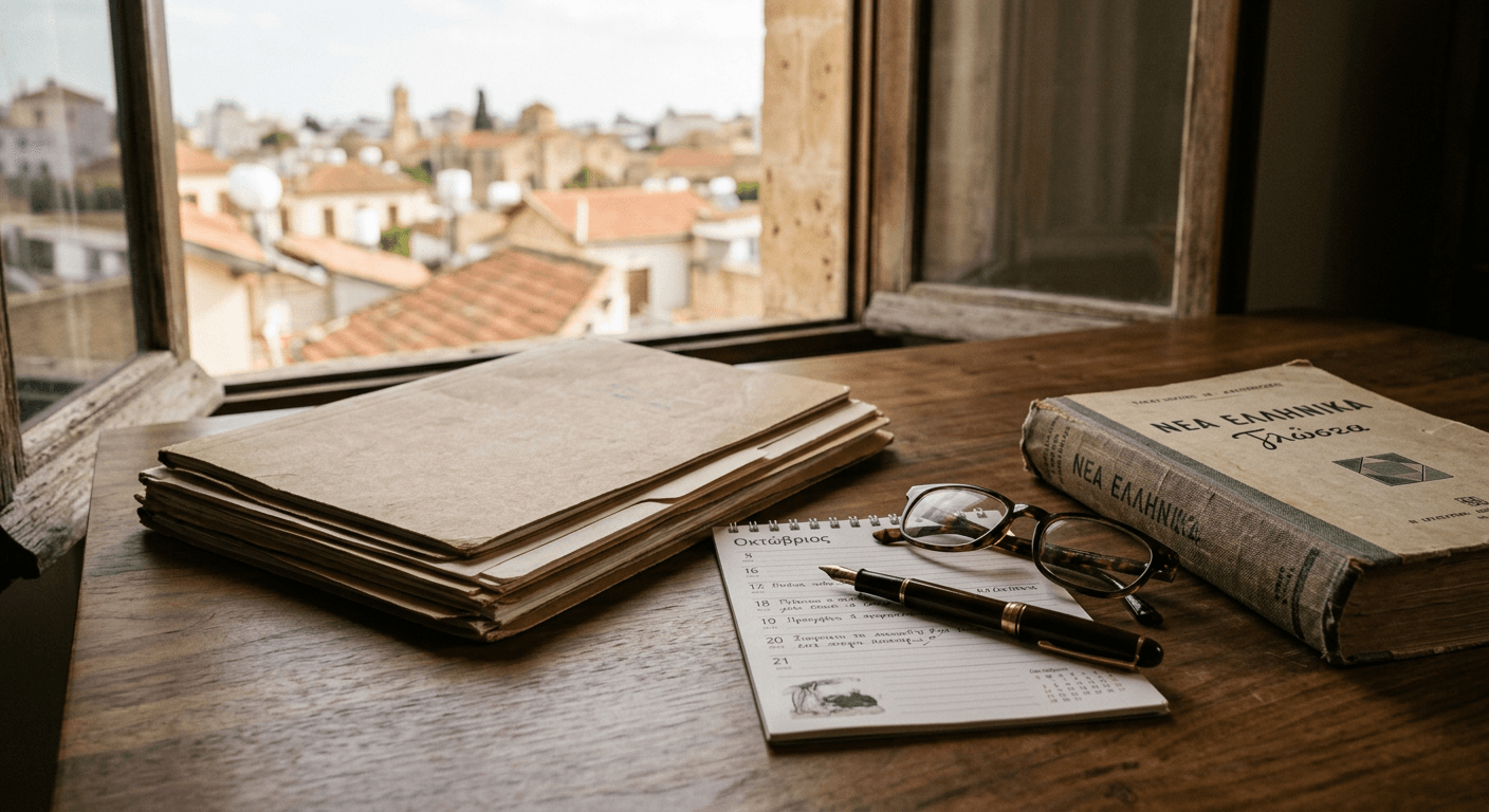 Organised residence records, a calendar and a Greek-language textbook on a desk beside a stone window in Nicosia