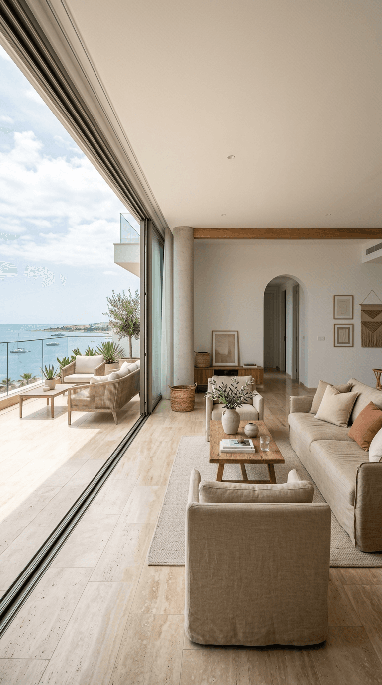 A bright living room in a new-build Cyprus apartment opening onto a sea-view terrace