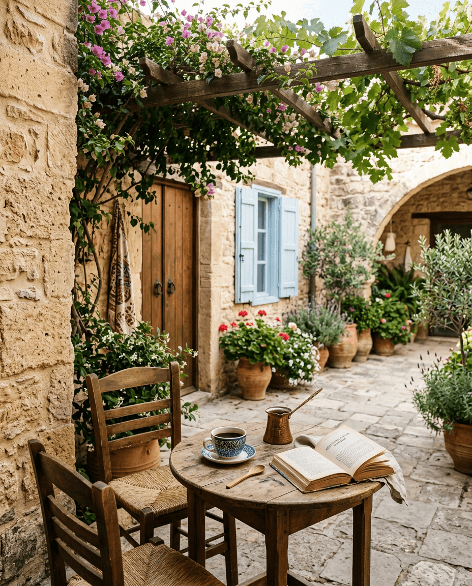 A quiet limestone courtyard of a residential home in Cyprus in morning light